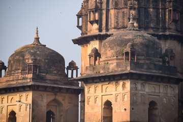 Beautiful view of Orchha Palace Fort, Raja Mahal and chaturbhuj temple from jahangir mahal, Orchha, Madhya Pradesh, Jahangir Mahal (Orchha Fort) in Orchha, Madhya Pradesh, Indian archaeological sites