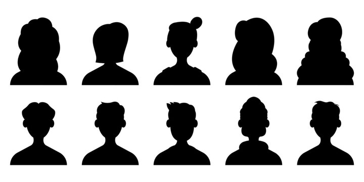 Set of male and female head detailed silhouettes avatar, profile icons isolated on white background. Vector illustration