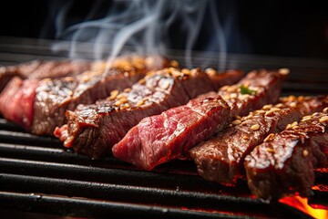 Close up shot of sizzling Wagyu Beef slices on a hot grill. Generative AI