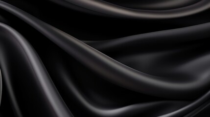 Fototapeta premium Smooth black satin fabric with flowing curves and luxurious texture on a dark background