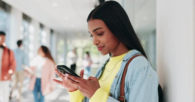 Phone, search and student with woman at college for education, social media and communication. Learning, mobile app and technology with person on university campus for school, contact and networking