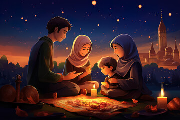 Illustration of the atmosphere of Ramadan nights, with a mosque, families and individuals
