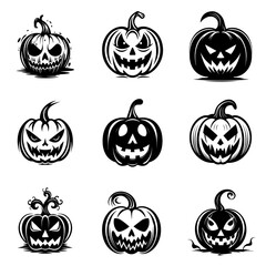 Collection of Halloween pumpkins carved faces silhouettes. Scary and funny faces of Halloween pumpkin