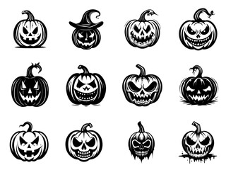 Collection of Halloween pumpkins carved faces silhouettes. Scary and funny faces of Halloween pumpkin