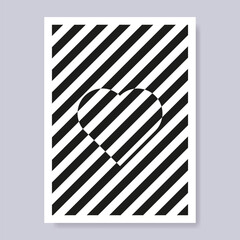 Black and white abstract poster with lines art forming heart symbol of love and care . Wall art  illusion stripes line for home room or office decoration.