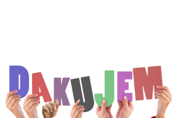 Digital png illustration of hands holding dakujem text on transparent background