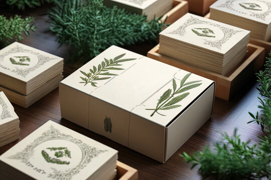 Visual mock up representing sustainable brand eco-friendly business cards and packaging