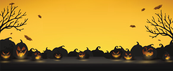 Happy Halloween banner with Halloween pumpkin copy space and night scene