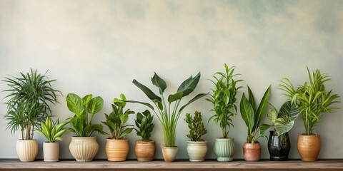 Plants in pots at wall background, houseplants potted in flowerpots in row, succulents and palm leaves by AI generative