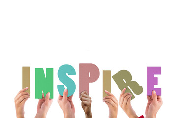 Digital png illustration of hands holding inspire text on transparent background