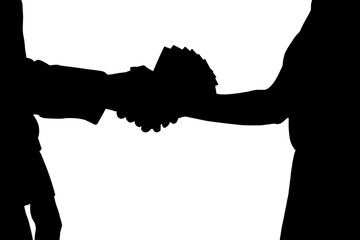 Digital png silhouette of men holding hands with banknotes on transparent background