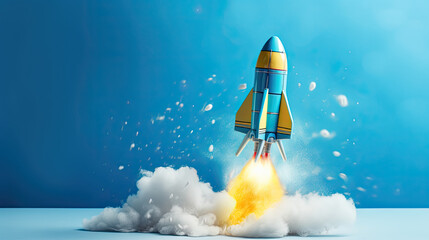 Toy rocket takes spewing smoke on a blue background the symbol for success is startup education and knowledge, Generative Ai