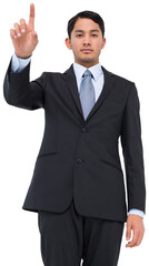 Digital png photo of asian businessman pointing with finger on transparent background