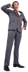 Digital png photo of smiling caucaasian businessman with hand behind head on transparent background