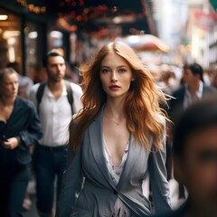 Obraz premium Amidst the bustling streets of New York City on a warm spring day, a woman walks confidently, capturing the essence of urban life, style, and vitality.