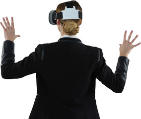 Digital png photo of caucasian businesswoman wearing vr set on transparent background