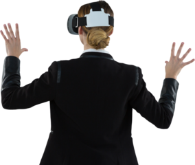 Digital png photo of caucasian businesswoman wearing vr set on transparent background