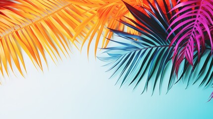 Fototapeta premium A tropical beach paradise illustration with a tall palm tree casting a green silhouette against a bright blue sky