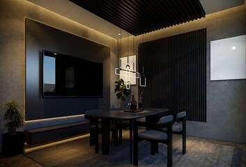 Minimal dining room interior with black tones. 3D illustration rendering