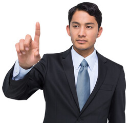 Digital png photo of caucasian businessman pointing finger on transparent background