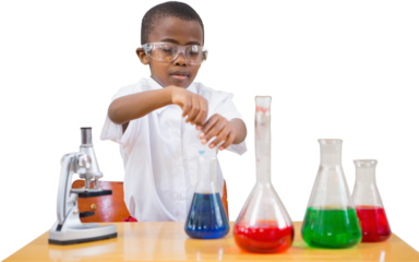 Digital png photo of african american boy doing experiments on transparent background