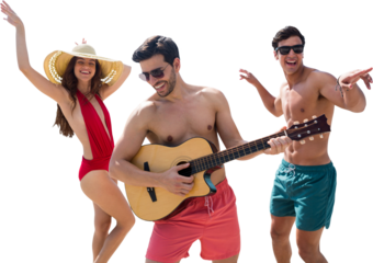 Digital png photo of caucasian friends dancing and playing guitar on transparent background