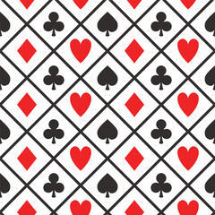 Poker card game pattern, seamless vector casino background with card suits, clubs, hearts, spades and diamonds with black lines and white background