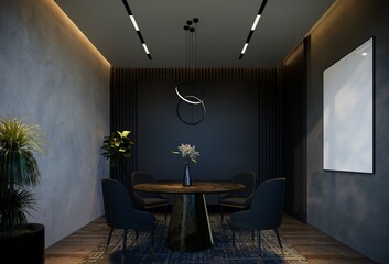 Minimal dining room interior with black tones. 3D illustration rendering