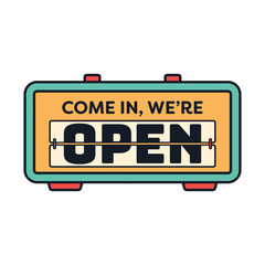 Digital png of come in we're open text on shop sign on transparent background