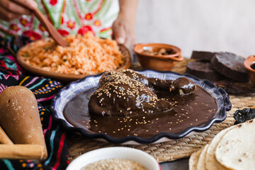 mole poblano is sauce with chicken mexican traditional food in Mexico Latin America