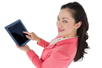 Digital png photo of smiling caucasian businesswoman using tablet on transparent background