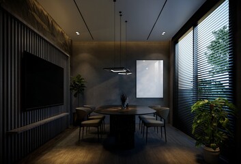 Minimal dining room interior with black tones. 3D illustration rendering