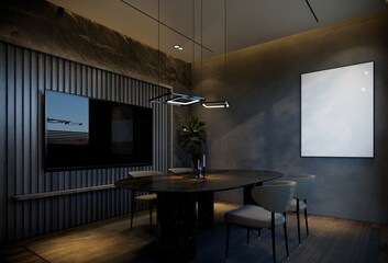 Minimal dining room interior with black tones. 3D illustration rendering
