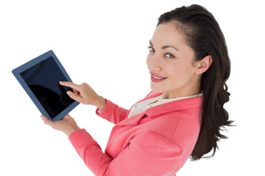 Digital png photo of smiling caucasian businesswoman using tablet on transparent background - Powered by Adobe