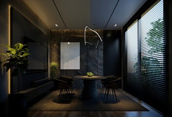 Minimal dining room interior with black tones. 3D illustration rendering