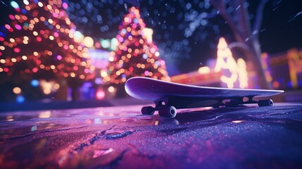 christmas lights with skateboard skate in the night - obrazy, fototapety, plakaty