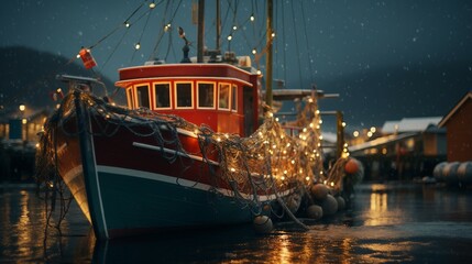 boat in the harbor in christmas with xmas lights generative art - obrazy, fototapety, plakaty