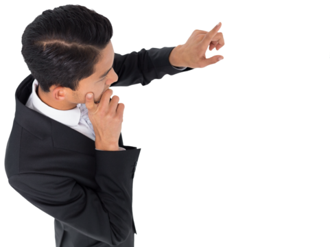 Digital png photo of biracial businessman pointing with finger on transparent background - Powered by Adobe