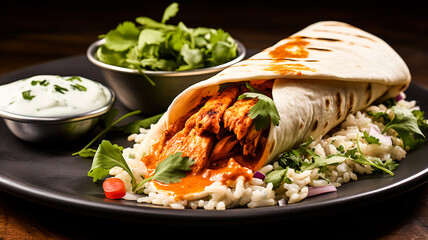 Chicken Tikka Masala platter, featuring naan bread, raita, and vibrant cilantro leaves, presenting a balanced and flavorful meal ensemble