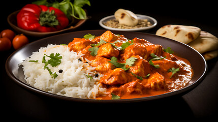 Chicken Tikka Masala, with tender chunks of marinated chicken in a rich tomato-based sauce, served alongside fragrant basmati rice