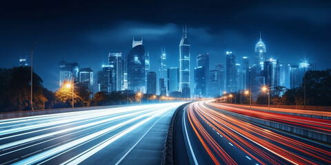 Fototapeta na wymiar City road light, night megapolis highway lights of cityscape background. Panorama of megacity traffic with highway road motion lights, long exposure photography