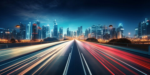 City road light, night megapolis highway lights of cityscape background. Panorama of megacity traffic with highway road motion lights, long exposure photography