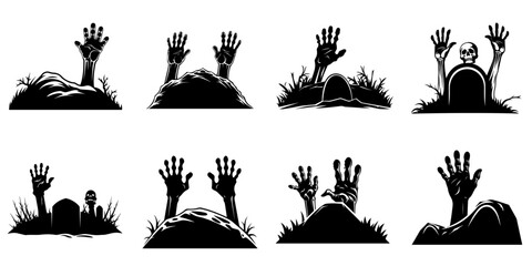 Zombie's hands sticking out of the grave. Cartoon Halloween silhouette elements collection