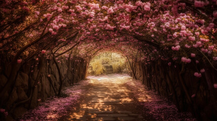 The romantic tunnel of pink flower trees. Generative AI