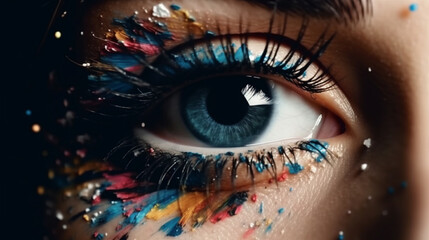 Crop of female eye with colorful make up. Beautiful creative art makeup. Generative AI