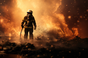 A firefighter in the woods, fighting fire