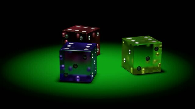 Three plastic dice on a gaming table close-up.