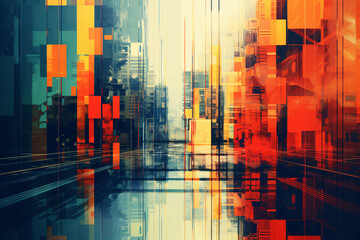 Abstract urban background. Cityscape, skyscraper scene in red and green with reflection. Generative ai - 642289795