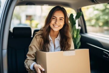 cheerful woman carrying cardboard box sit seat in car moving home or shopping and transportation with hwe own car,relocation concept