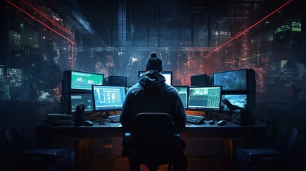 Hacker man data programer working on computers many monitors screen alone in dark room, rear view. - obrazy, fototapety, plakaty